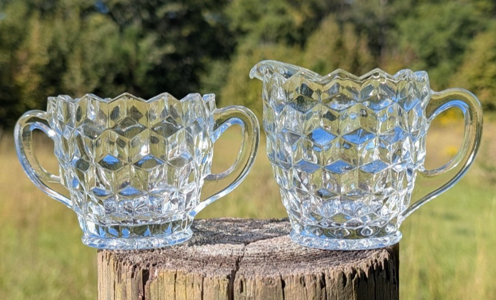 Fostoria American Clear Cube Motif Creamer & Open Sugar Bowl Set